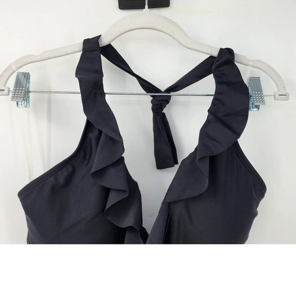 NEW Bleu Rod Beattie Black Ruffle Lattice‎ Plunge One Piece Swimsuit Size 14 - Picture 4 of 13